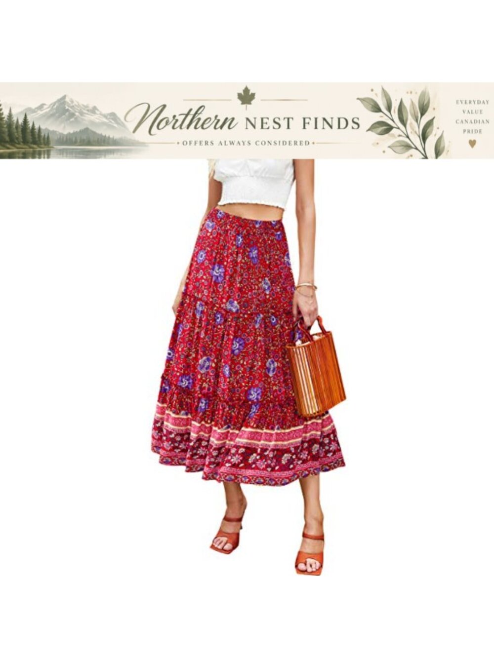 A-Line Floral Midi Skirt Elastic High Waist Pull-On Swing